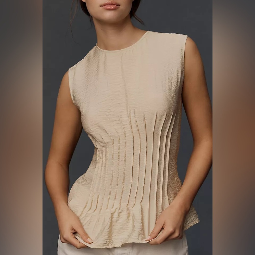 Anthropologie Beige Sleeveless Pleated Textured Top - Picture 2 of 4